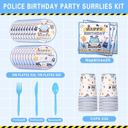 Police Birthday Tableware Set for Kids Blue and White Party Supplies