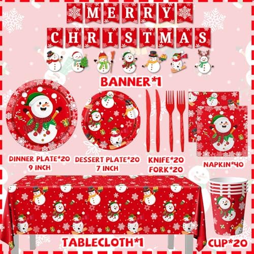 142Pcs Christmas Party Supplies Snowman Plates Napkins Tableware Kit