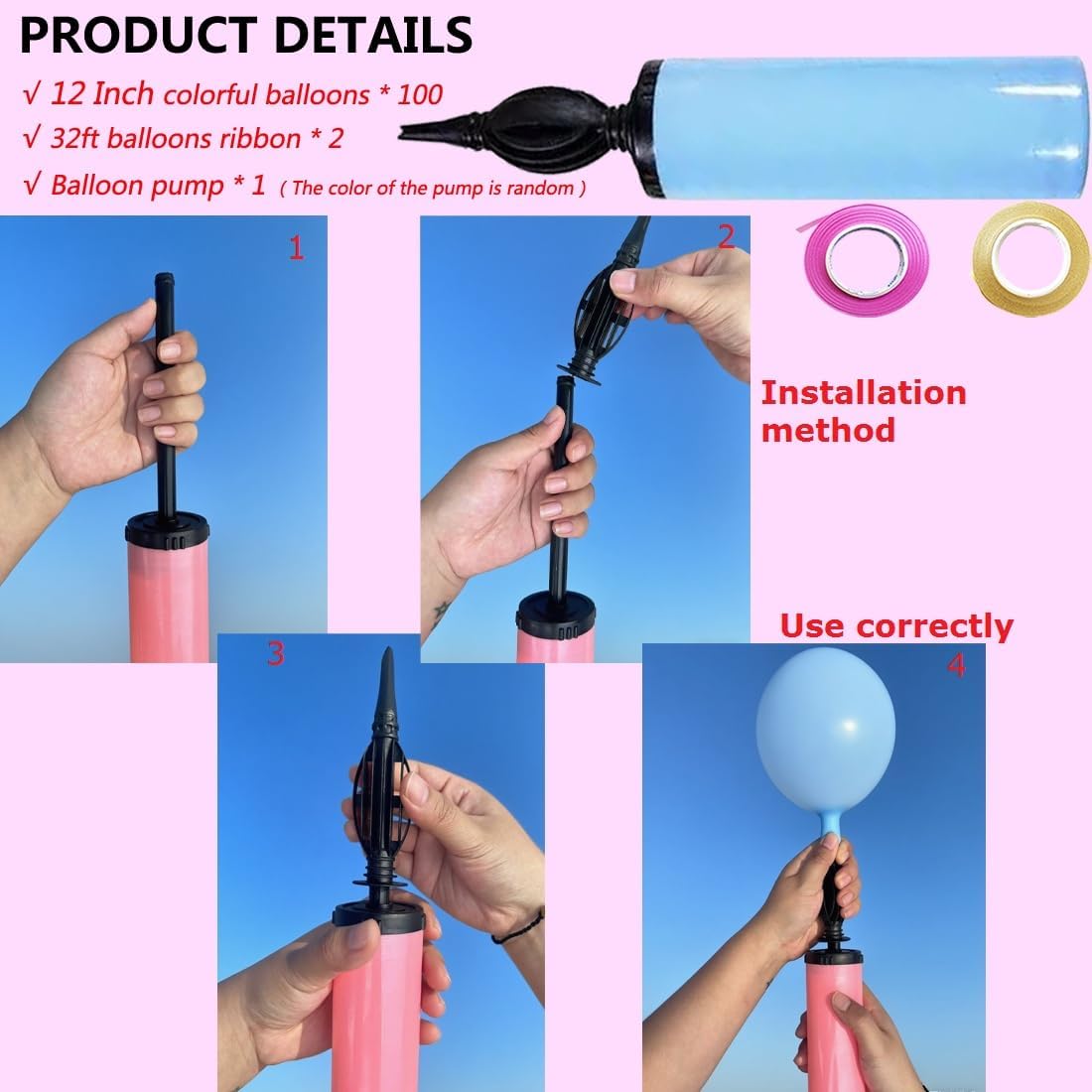 Thickened 12 Inch Birthday Balloons 100Pcs with Pump and Ribbon