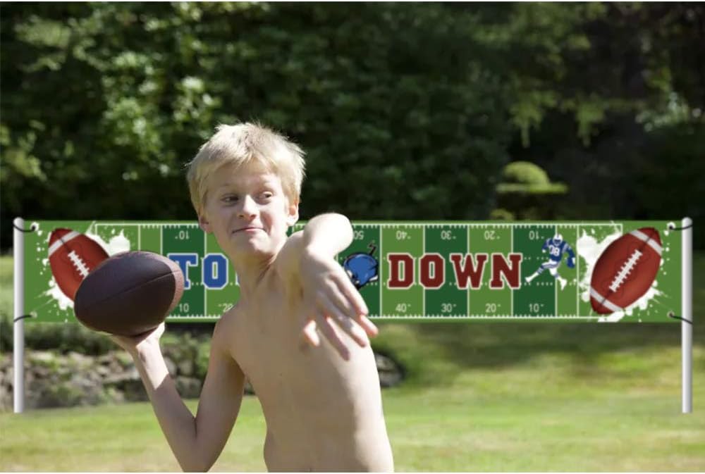 Large Football-Themed Birthday Party Banner with Hanging Ribbon
