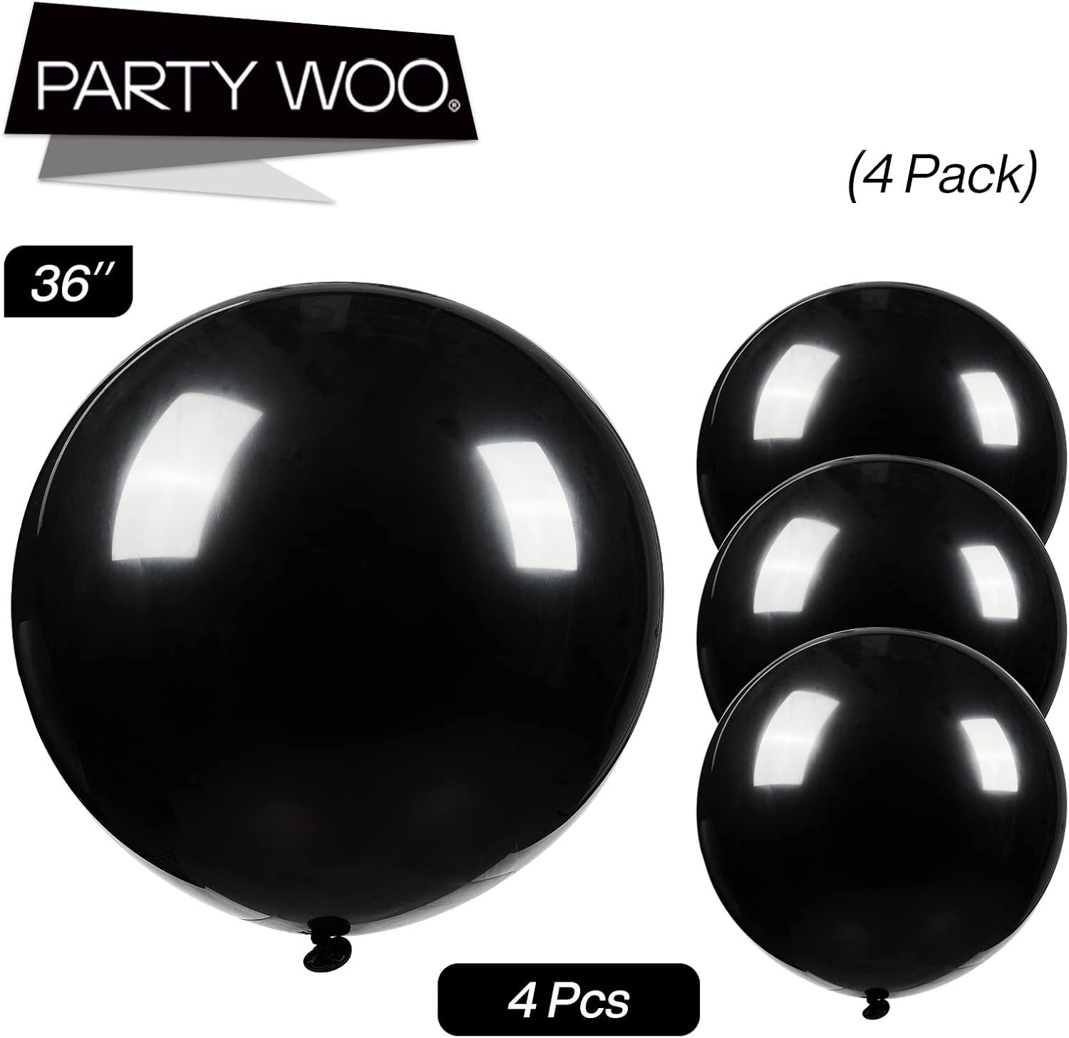 PartyWoo Extra Large Matte Black Latex Balloons 4pc 36 Inch