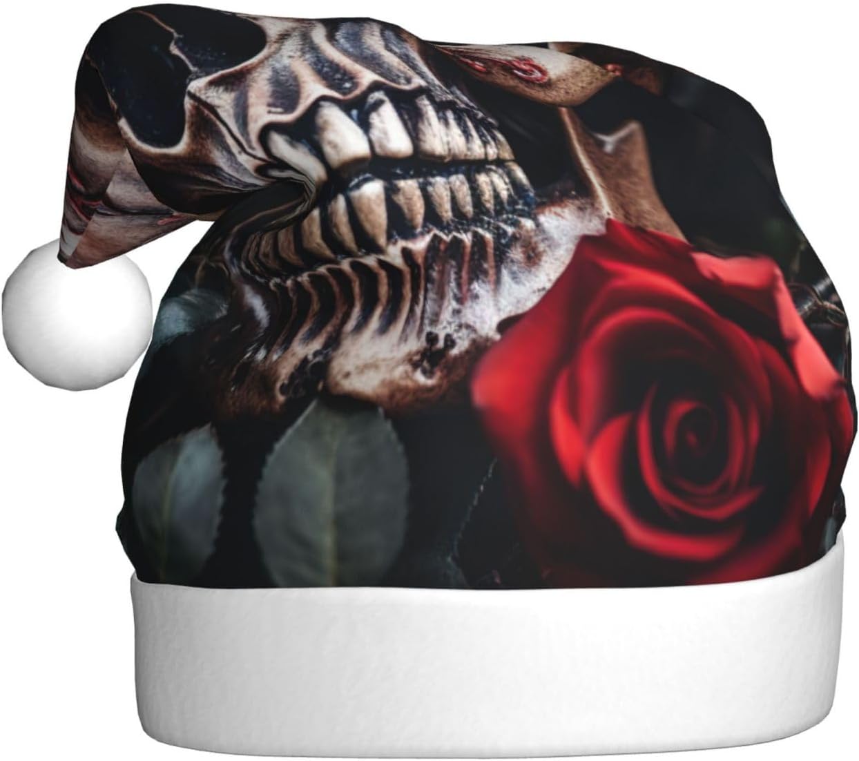 QINZHENG Skull and Red Rose Santa Hat