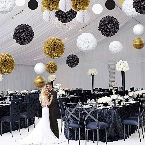 18 Pcs Black Gold White Tissue Pom Poms Decorations