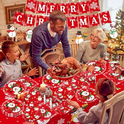 142Pcs Christmas Party Supplies Snowman Plates Napkins Tableware Kit