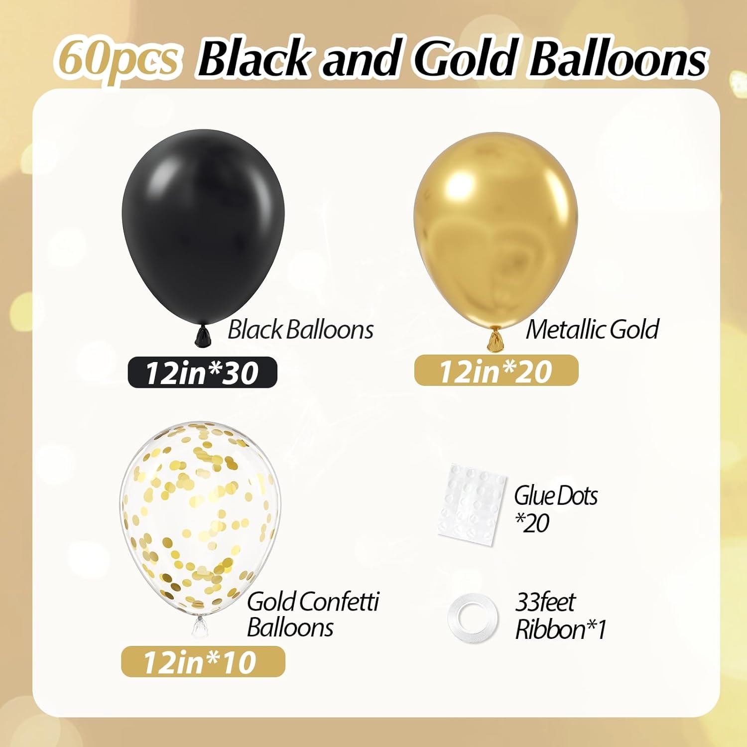 Black and Gold Balloons 60pcs for Birthday Party Decorations