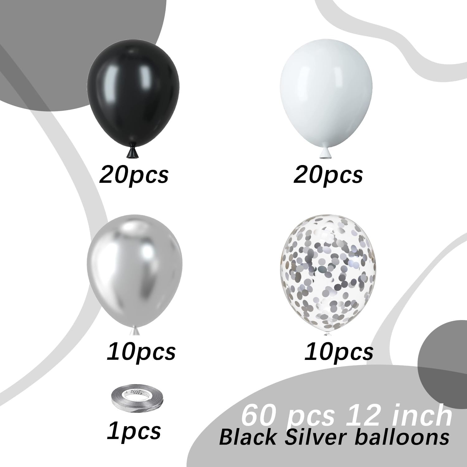 Black and Silver Balloons 60pcs 12 Inch Party Decorations