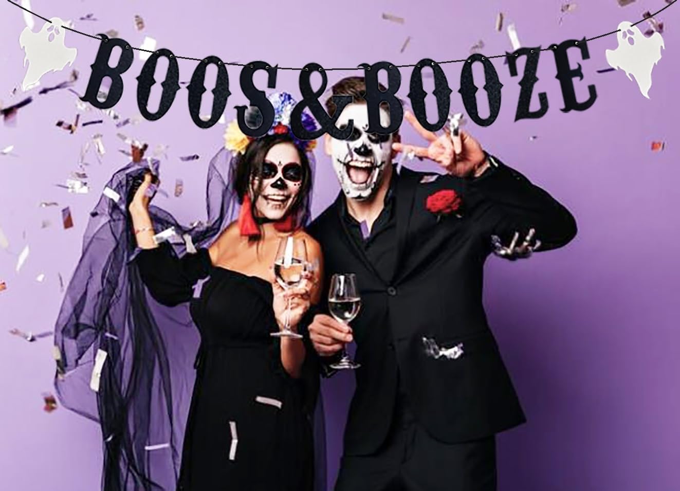 Black Boos Booze Halloween Banner with Glitter