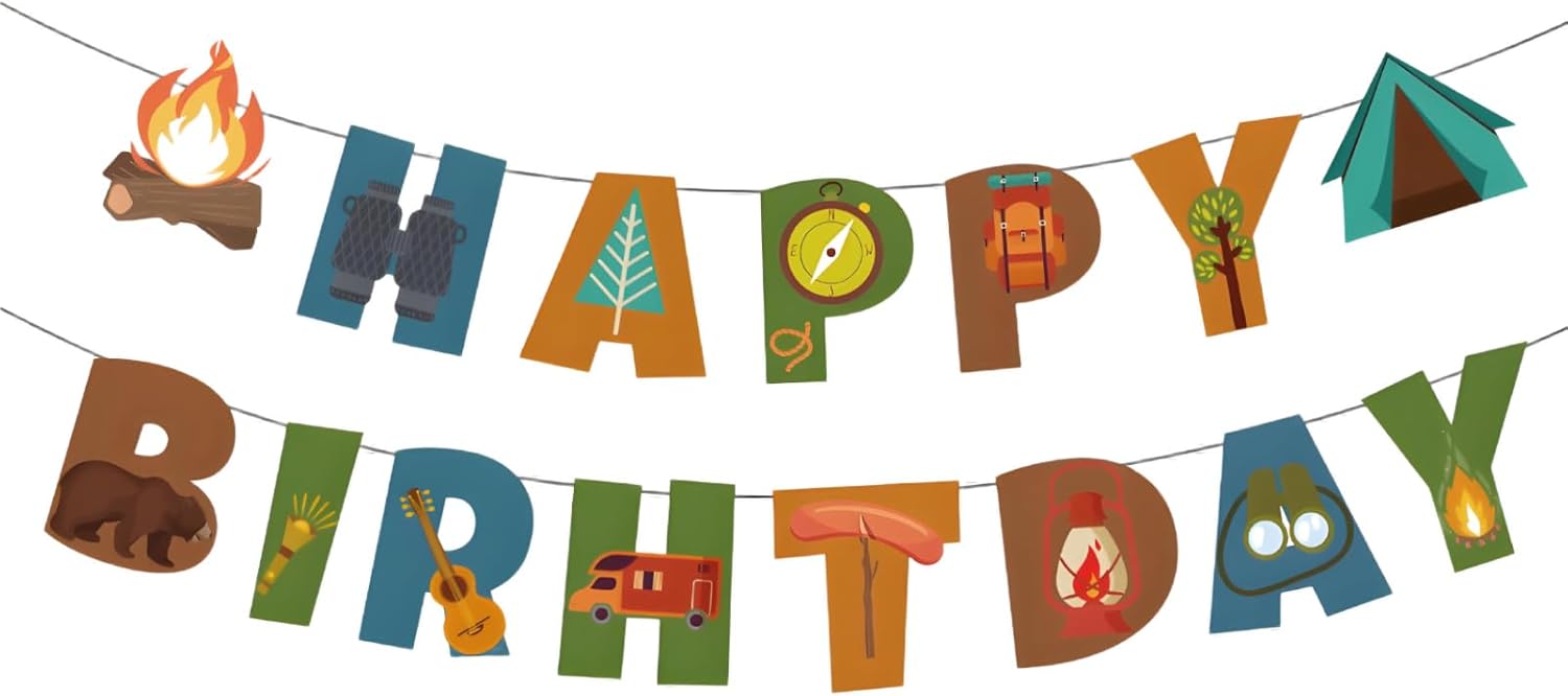 Camping Happy Birthday Banner for Party Decor