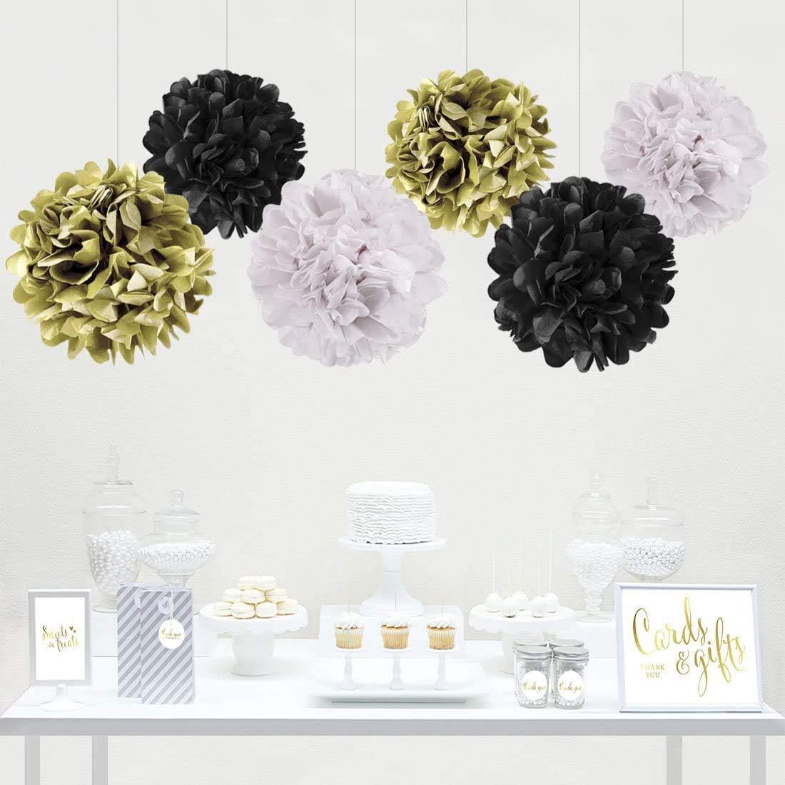 18 Pcs Black Gold White Tissue Pom Poms Decorations