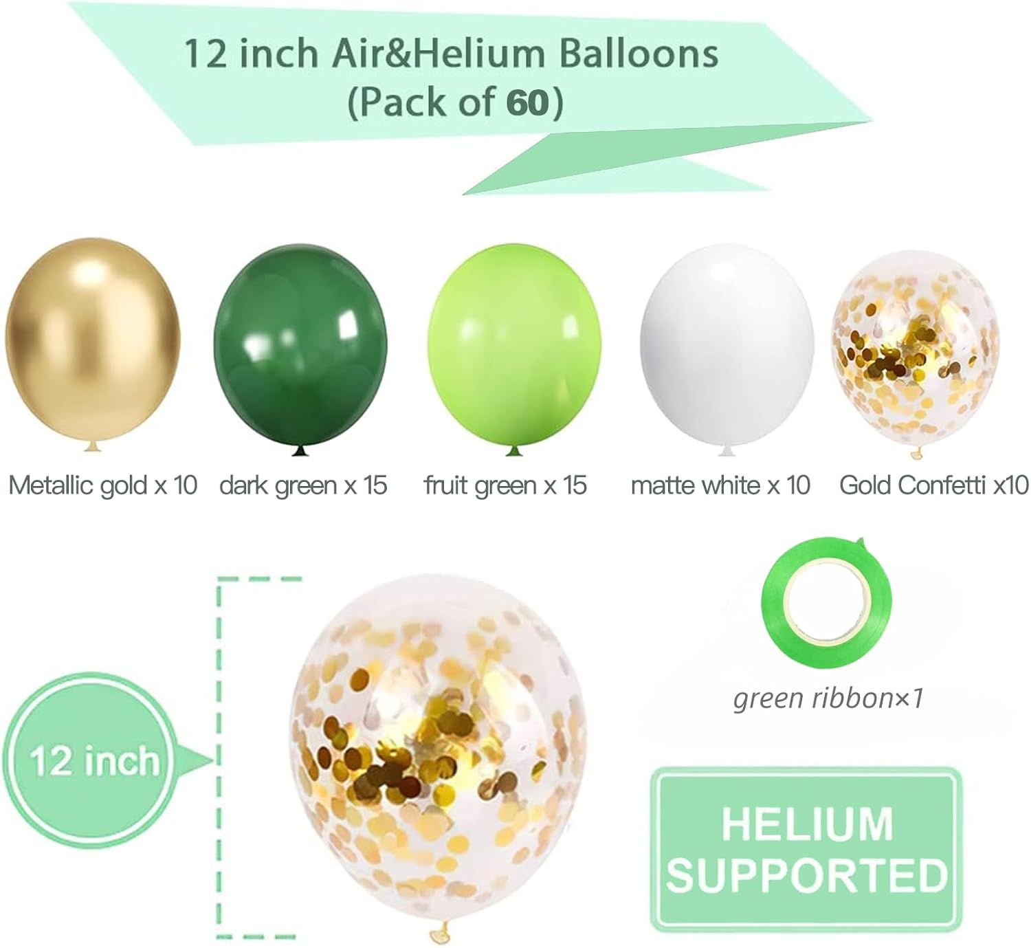 Green and Gold Balloons 60PCS 12 Inches Party Decor