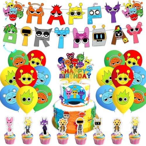 Sprunkie Birthday Decor Set with Banner Cake Topper Balloons Background