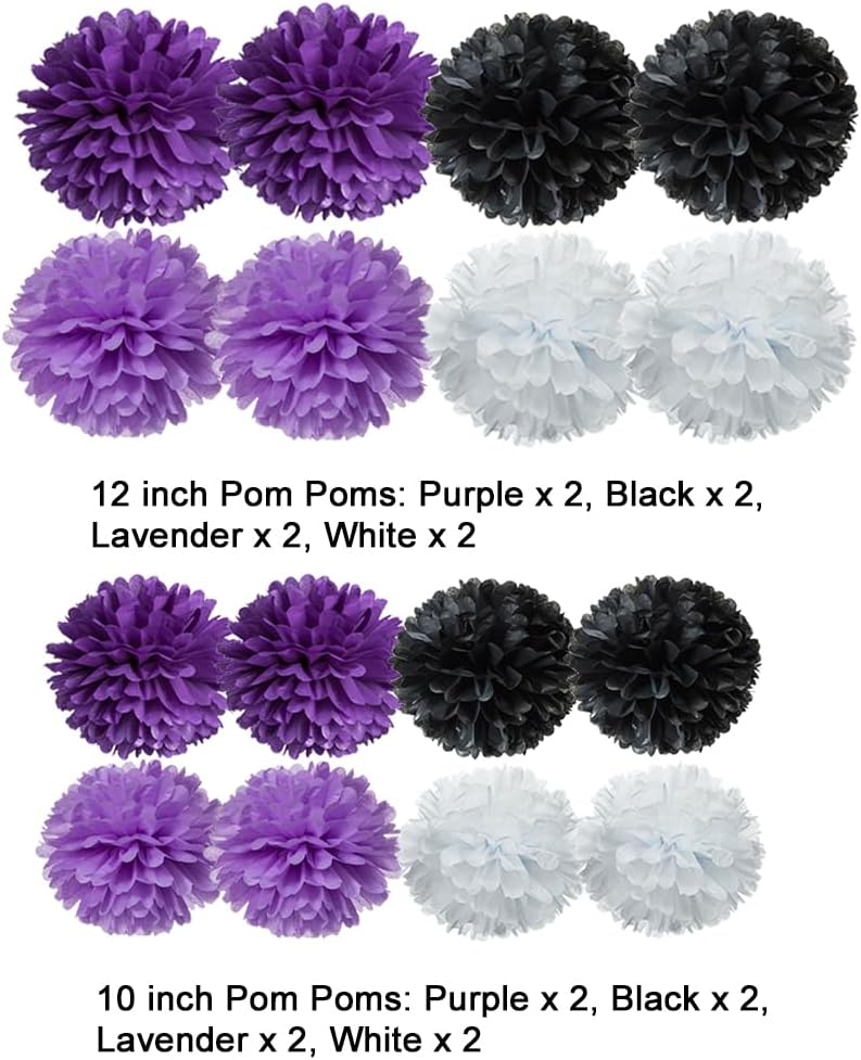 AWELL Purple Black White and Lavender Tissue Paper Pom Poms 16 Count