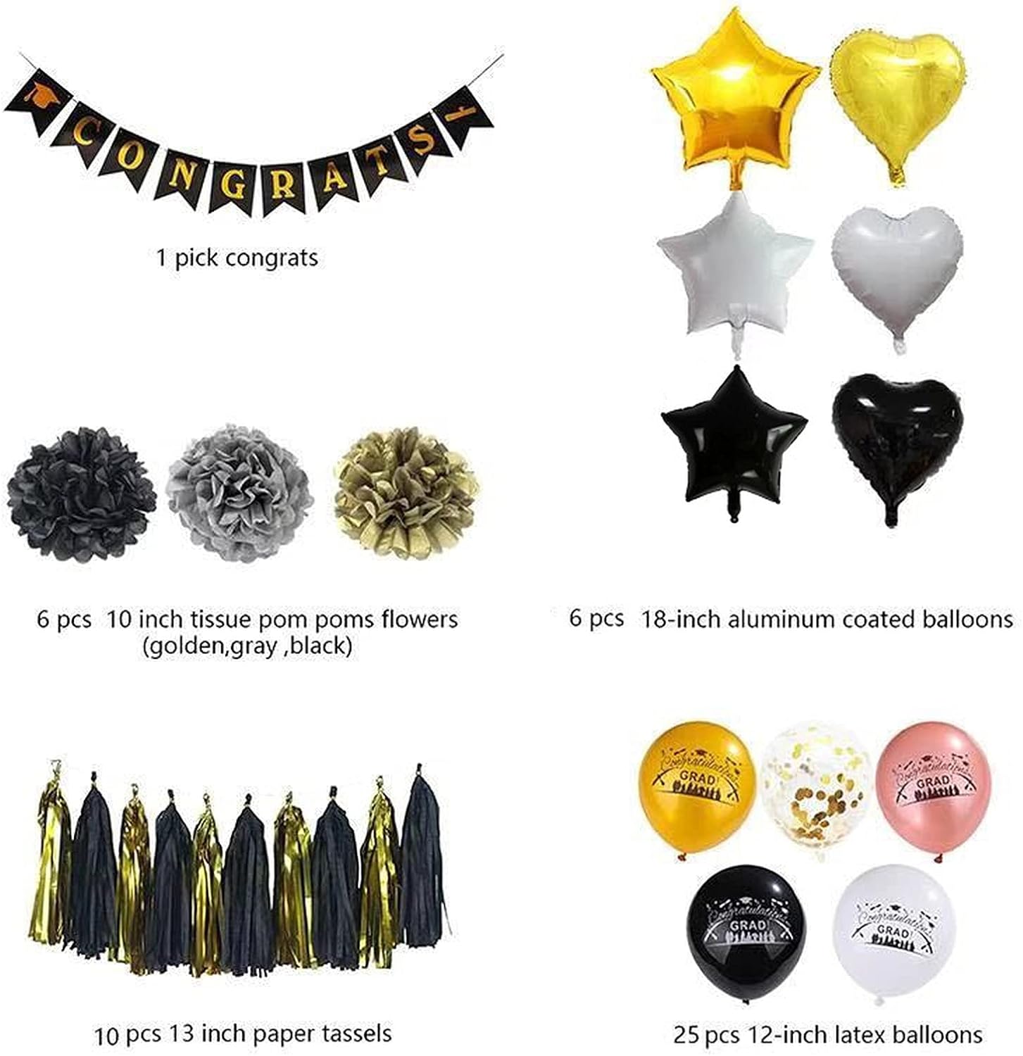 SHINsuke Graduation Party Supplies 48 Pcs Black Gold Decorations
