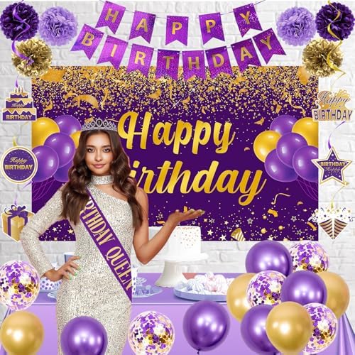 Trgowaul Purple Gold Birthday Decorations Set 34PCS