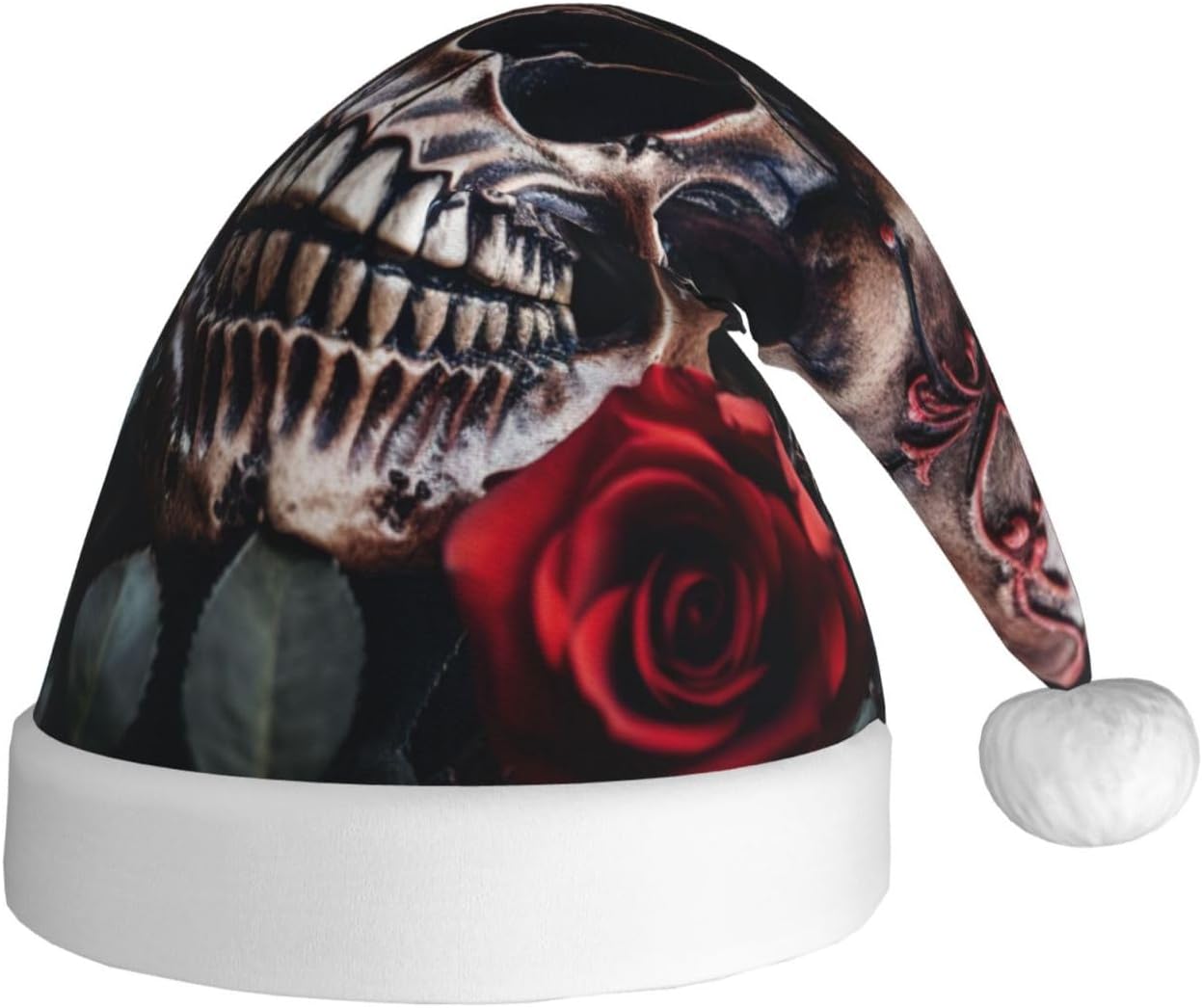 QINZHENG Skull and Red Rose Santa Hat