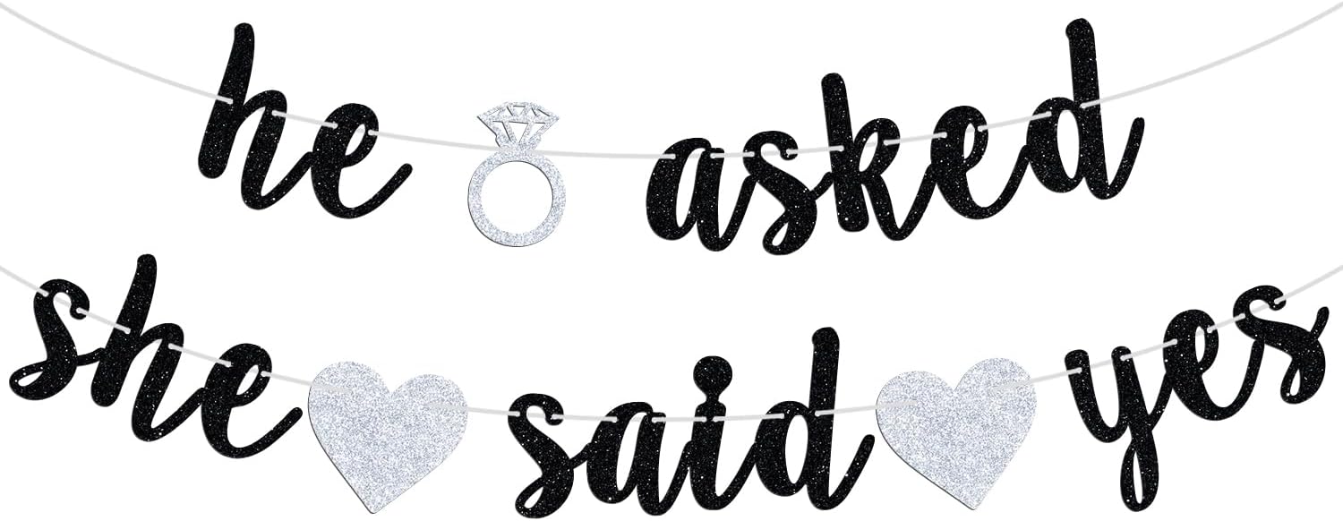 He Asked She Said Yes Banner Black Glitter Bunting Engagement Sign