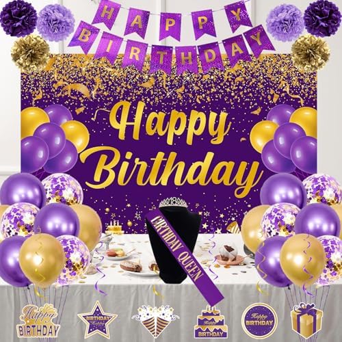 Trgowaul Purple Gold Birthday Decorations Set 34PCS