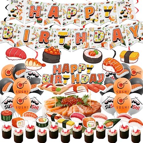 Sushi Party Decorations with Happy Birthday Banner and Balloons