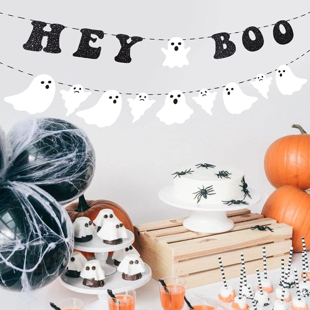 Hey Boo Glittery Ghost Halloween Banner - Black