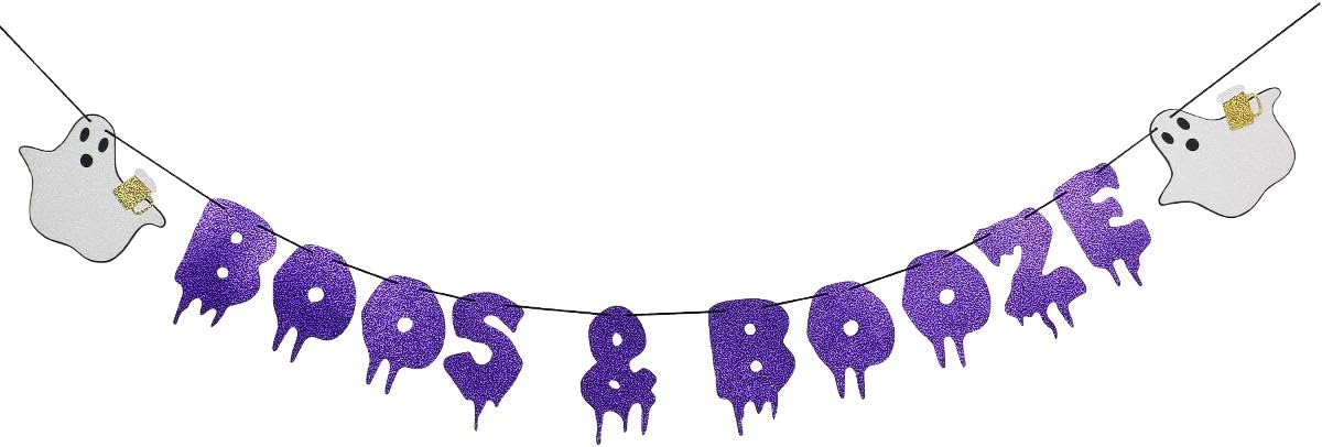 Purple Glitter Boos Booze Halloween Banner