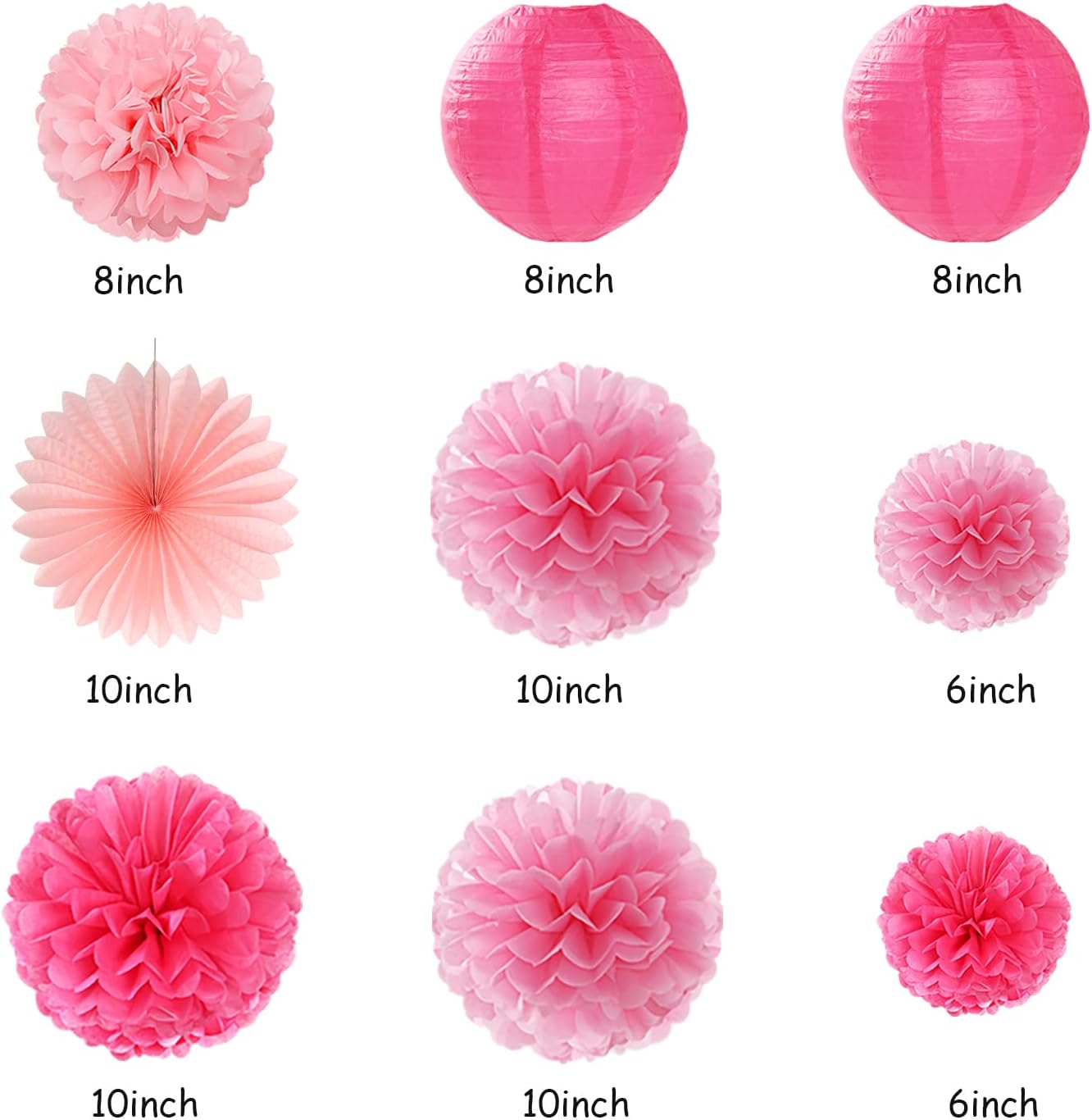 Hot Pink Birthday Decorations - 14pcs Paper Flowers Lanterns Pom Poms