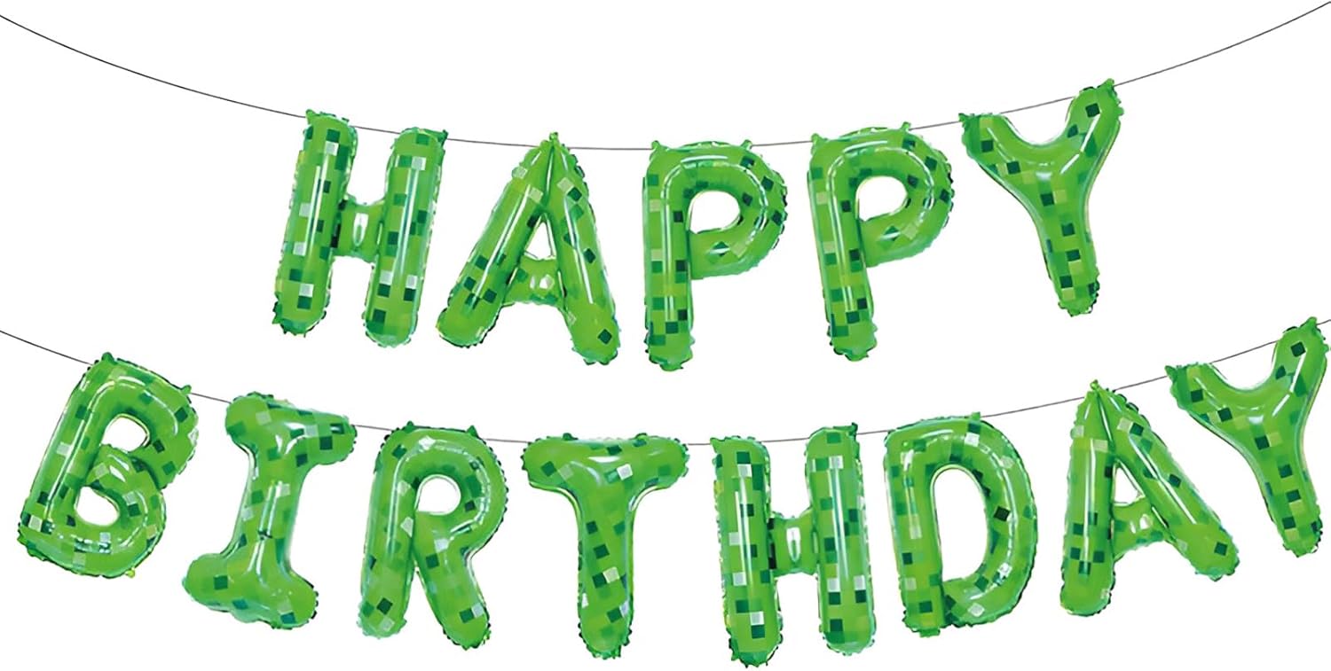 Green Happy Birthday Miner Theme Balloon Banner 16 Inches