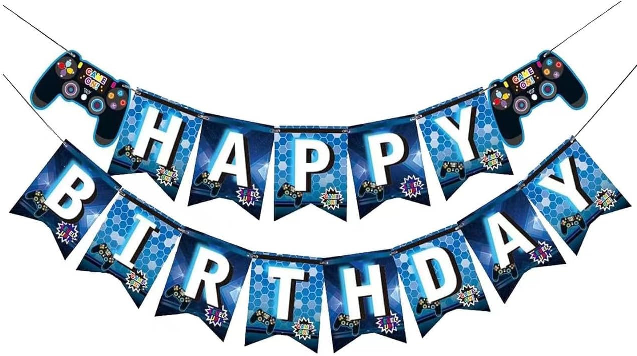 Blue Video Game Birthday Banner for Celebration Party Decoration