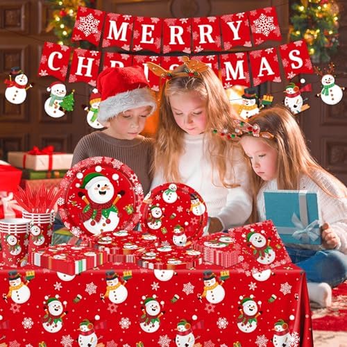 142Pcs Christmas Party Supplies Snowman Plates Napkins Tableware Kit