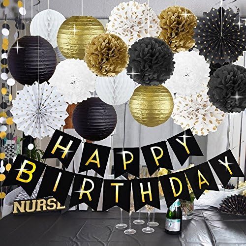 Kubert Black and Gold Birthday Banner with Pom Poms