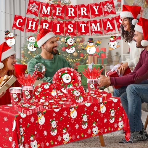 142Pcs Christmas Party Supplies Snowman Plates Napkins Tableware Kit