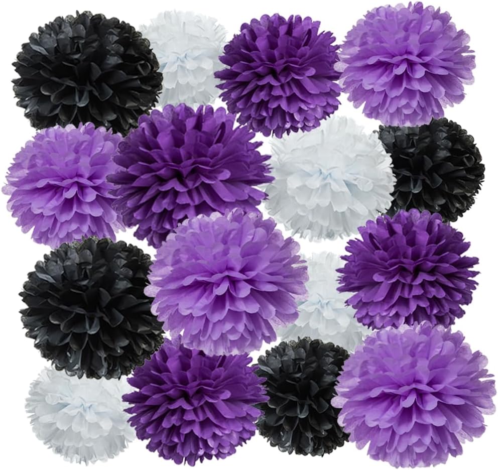 AWELL Purple Black White and Lavender Tissue Paper Pom Poms 16 Count