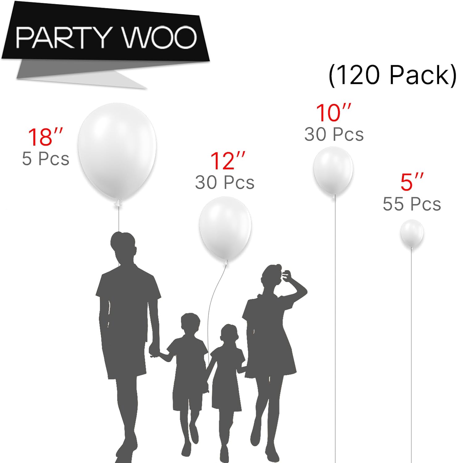PartyWoo 120 White Balloons Different Sizes Decoration Kit