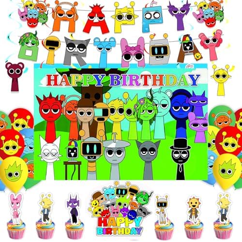 Sprunkie Birthday Decor Set with Banner Cake Topper Balloons Background