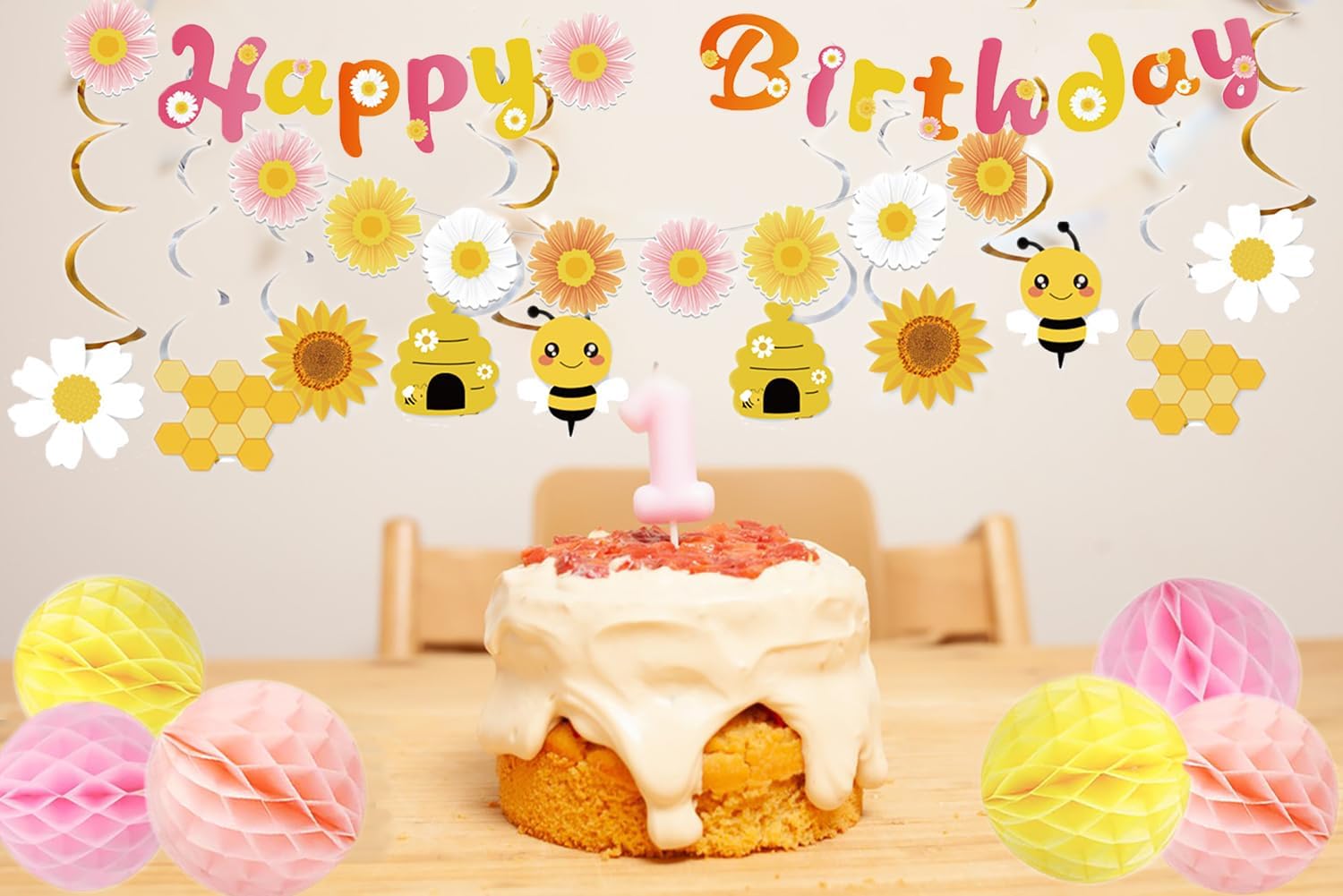 Pre-Strung Happy Birthday Banner with Honeycomb Balls and Daisy Garland