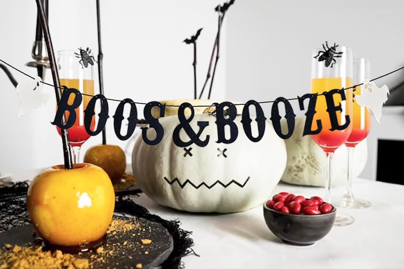Black Boos Booze Halloween Banner with Glitter