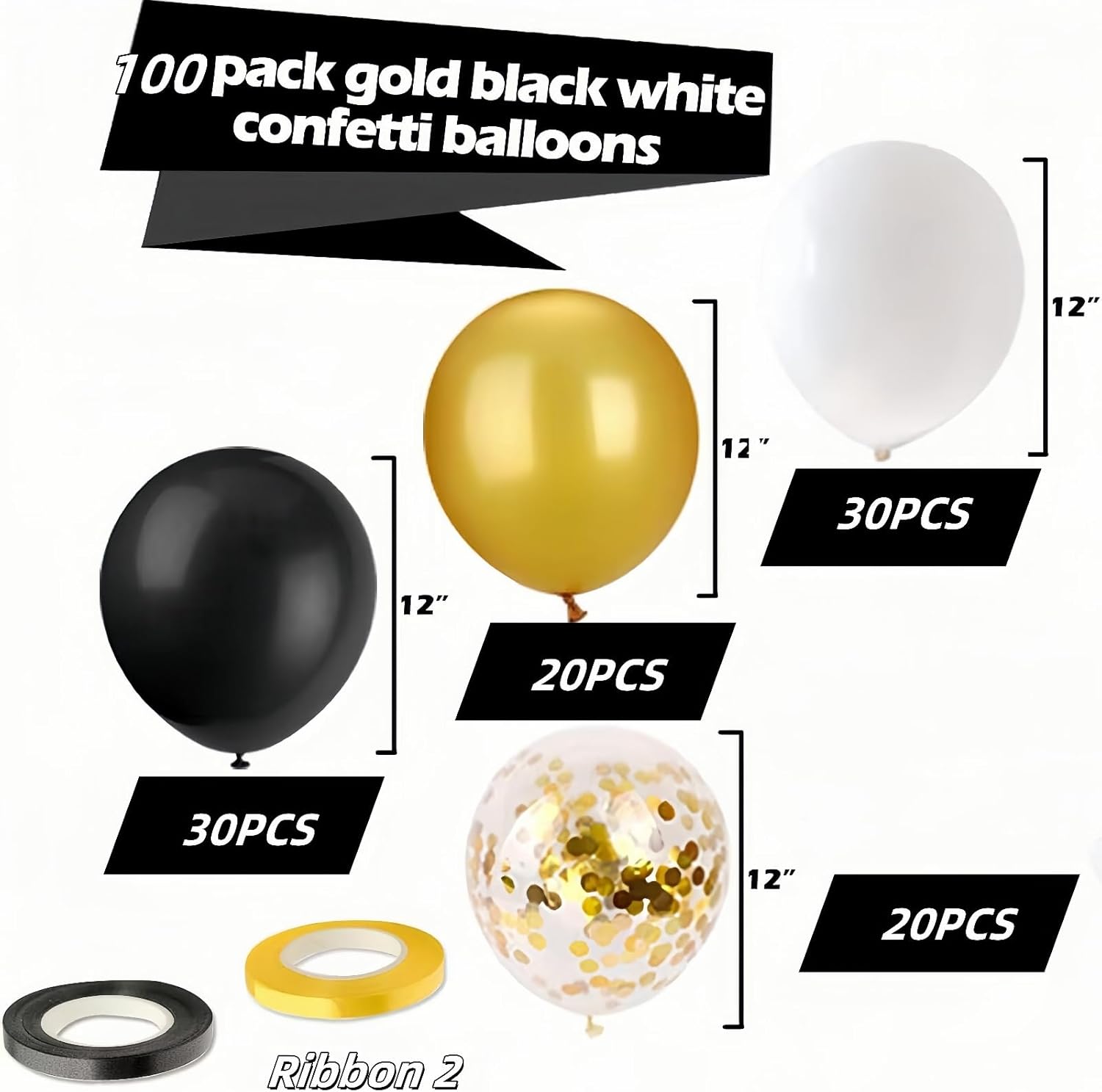 100pcs 12 inch Black Gold Balloons Set