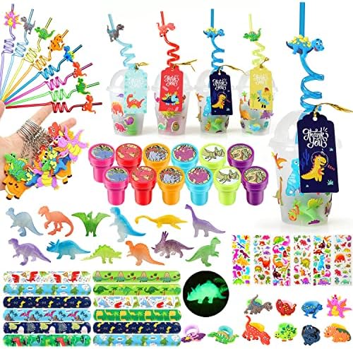MOVINPE Dinosaur Party Favor Cups with Reusable Straws and Luminous Toys