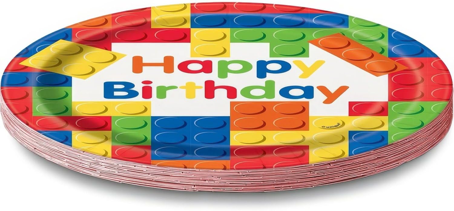 Bold Bright Building Blocks Birthday Plates 9 Inch Pack of 8