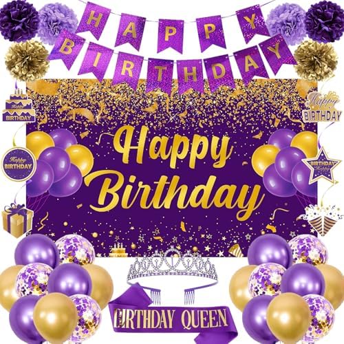 Trgowaul Purple Gold Birthday Decorations Set 34PCS