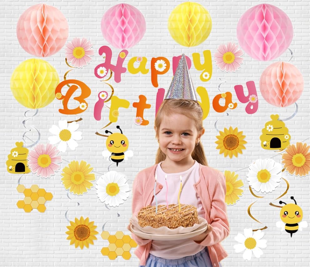 Pre-Strung Happy Birthday Banner with Honeycomb Balls and Daisy Garland