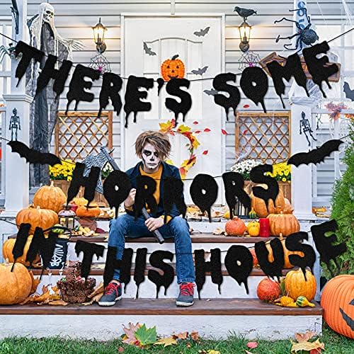 Theres Some Horrors In This House Halloween Banner Black Glitter