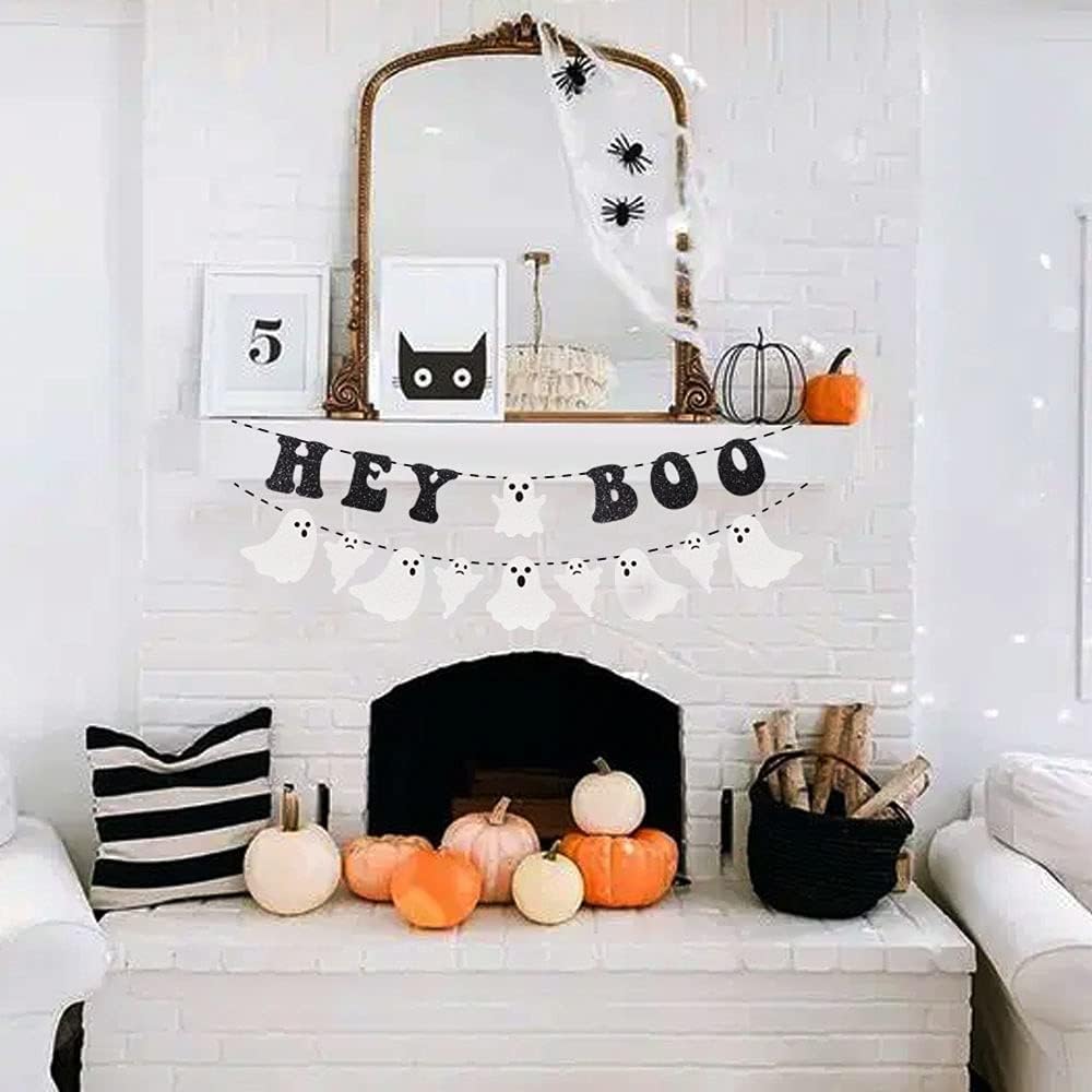 Hey Boo Glittery Ghost Halloween Banner - Black