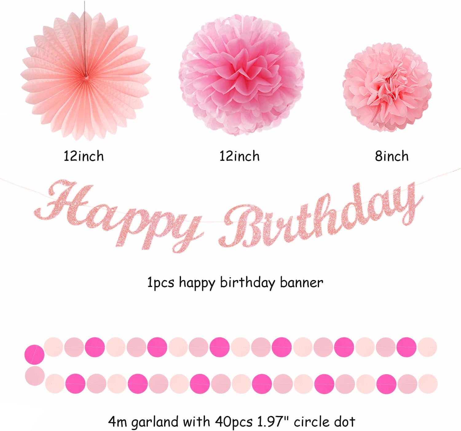 Hot Pink Birthday Decorations - 14pcs Paper Flowers Lanterns Pom Poms