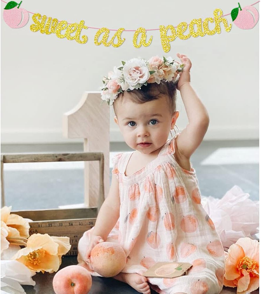 Sweet As A Peach Banner Glitter Pink Birthday Party Decor