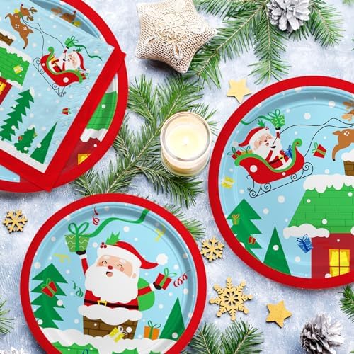 Christmas Party Supplies - 50pcs Santa Themed Plates Napkins