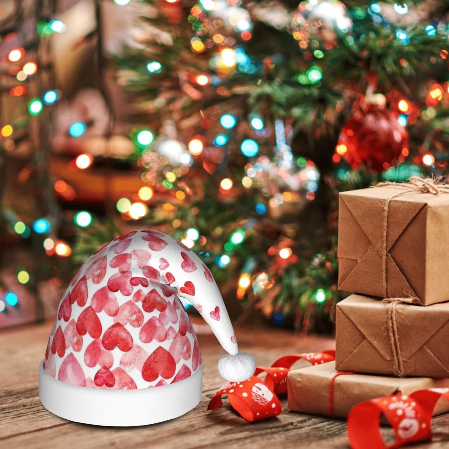 QINZHENG Falling Hearts Santa Hat for Women