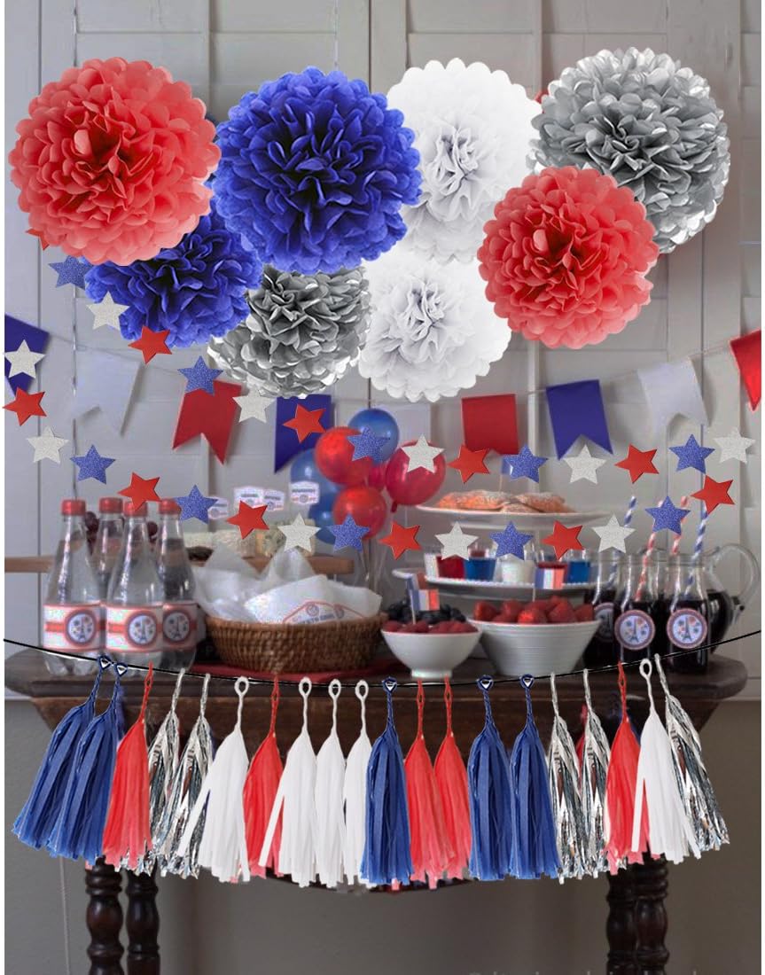 HEARTFEEL 30pcs Patriotic Tissue Pom Pom Garland Decorations