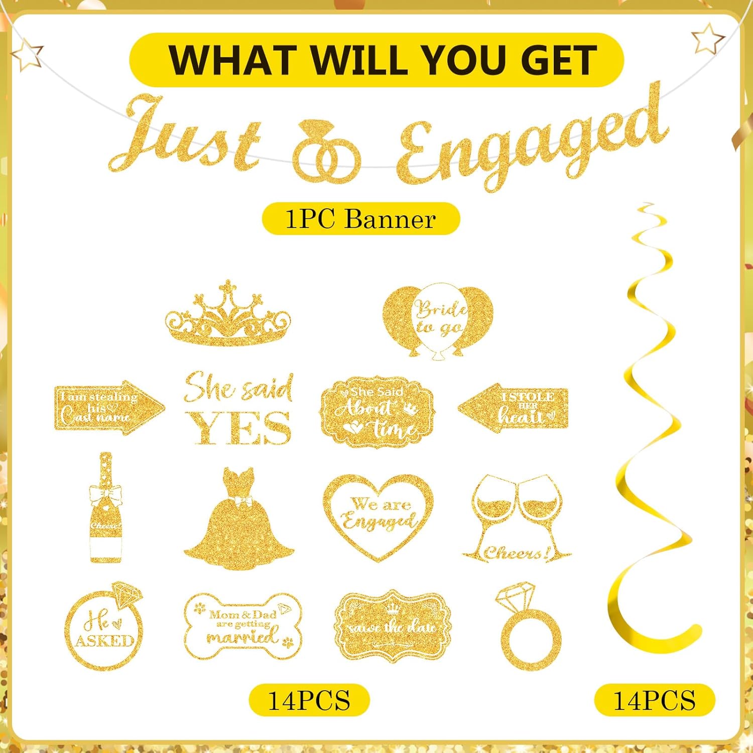 White Gold Engagement Party Decorations Banner with Hanging Swirls