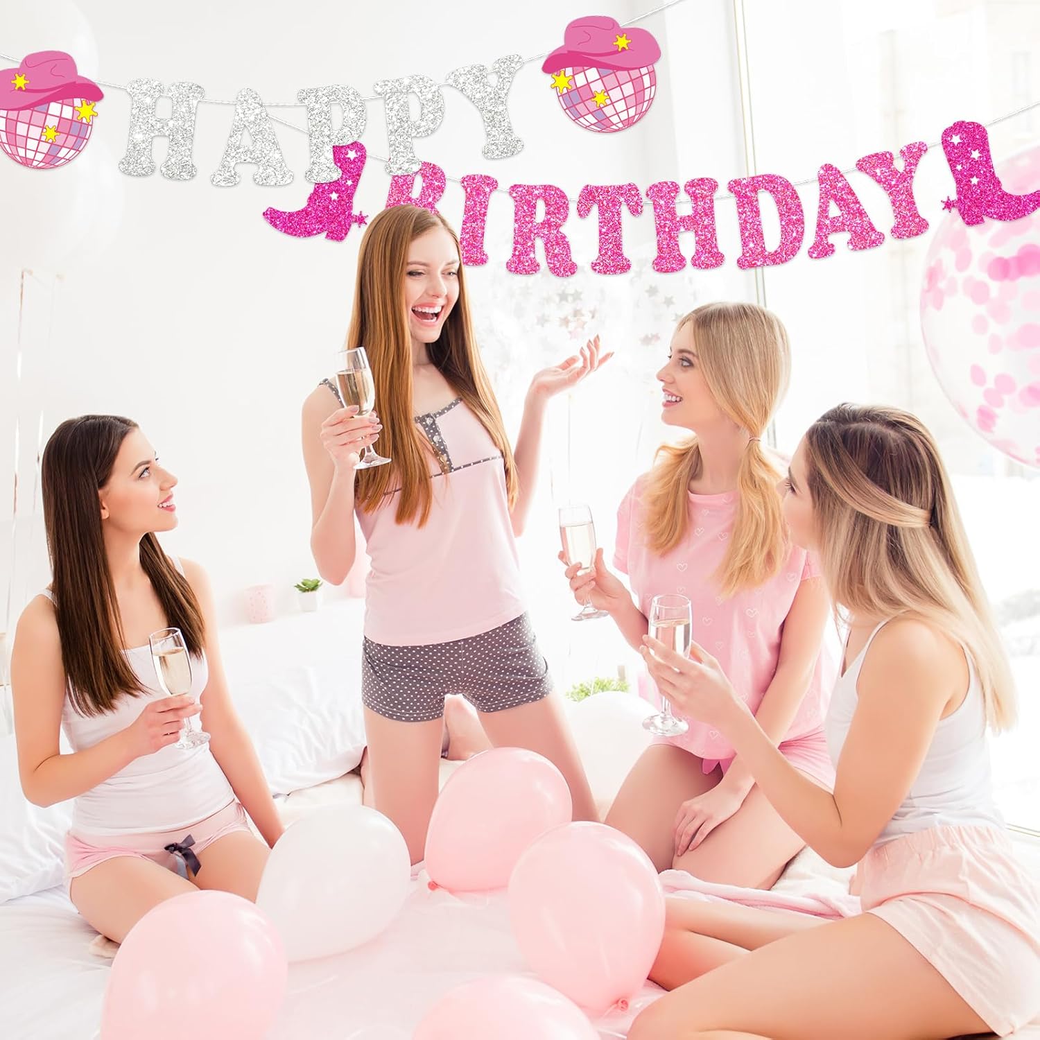 Western Cowgirl Birthday Glitter Banner Silver Pink Bunting Garland