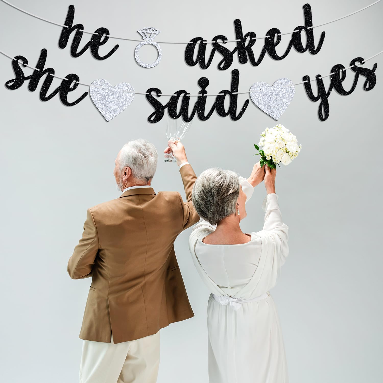 He Asked She Said Yes Banner Black Glitter Bunting Engagement Sign